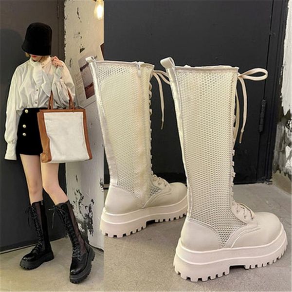 sandals boots women summer fashion women's 2021 mesh breathable knee high platform thick sole lacing shoes, Black